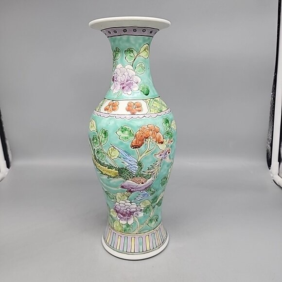 Antique Chinese Enameled & Polychromed Vase Floral Garden Scene with Birds - Picture 6 of 8